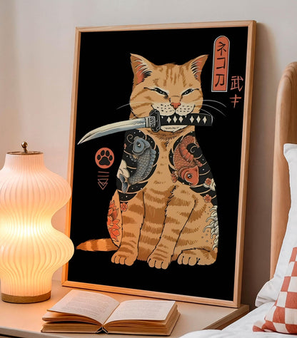 Samurai Cat Art Print, Japanese Tattoo Style, Ukiyo-e Warrior, Home Decor