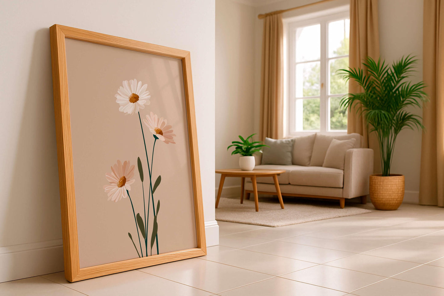Minimal Botanical Flower Print, Soft Neutral Daisy Illustration, Calm Modern Decor For Light Interiors