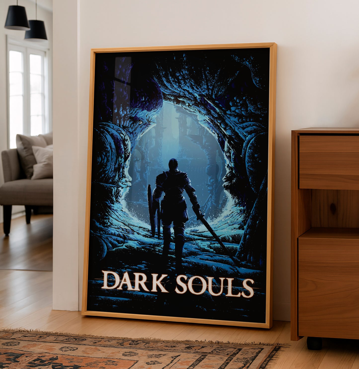 Dark Fantasy Cave Poster, Medieval Knight Wall Art, Blue Aesthetic Print