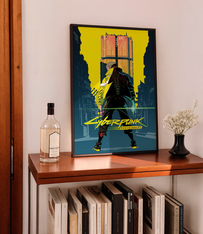 Cyberpunk City Poster, Futuristic Urban Wall Art, Neon Yellow Aesthetic Print