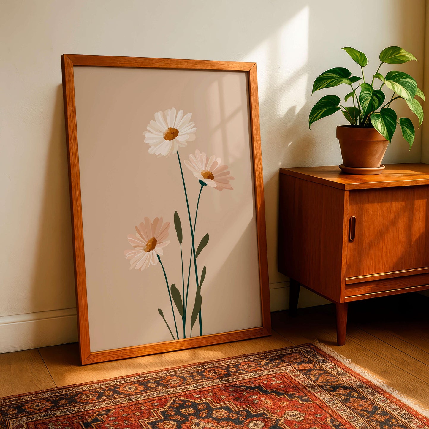 Minimal Botanical Flower Print, Soft Neutral Daisy Illustration, Calm Modern Decor For Light Interiors