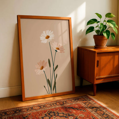 Minimal Botanical Flower Print, Soft Neutral Daisy Illustration, Calm Modern Decor For Light Interiors