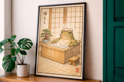 Japanese Frog, Zen Bathroom Decor, Onsen Frog Illustration