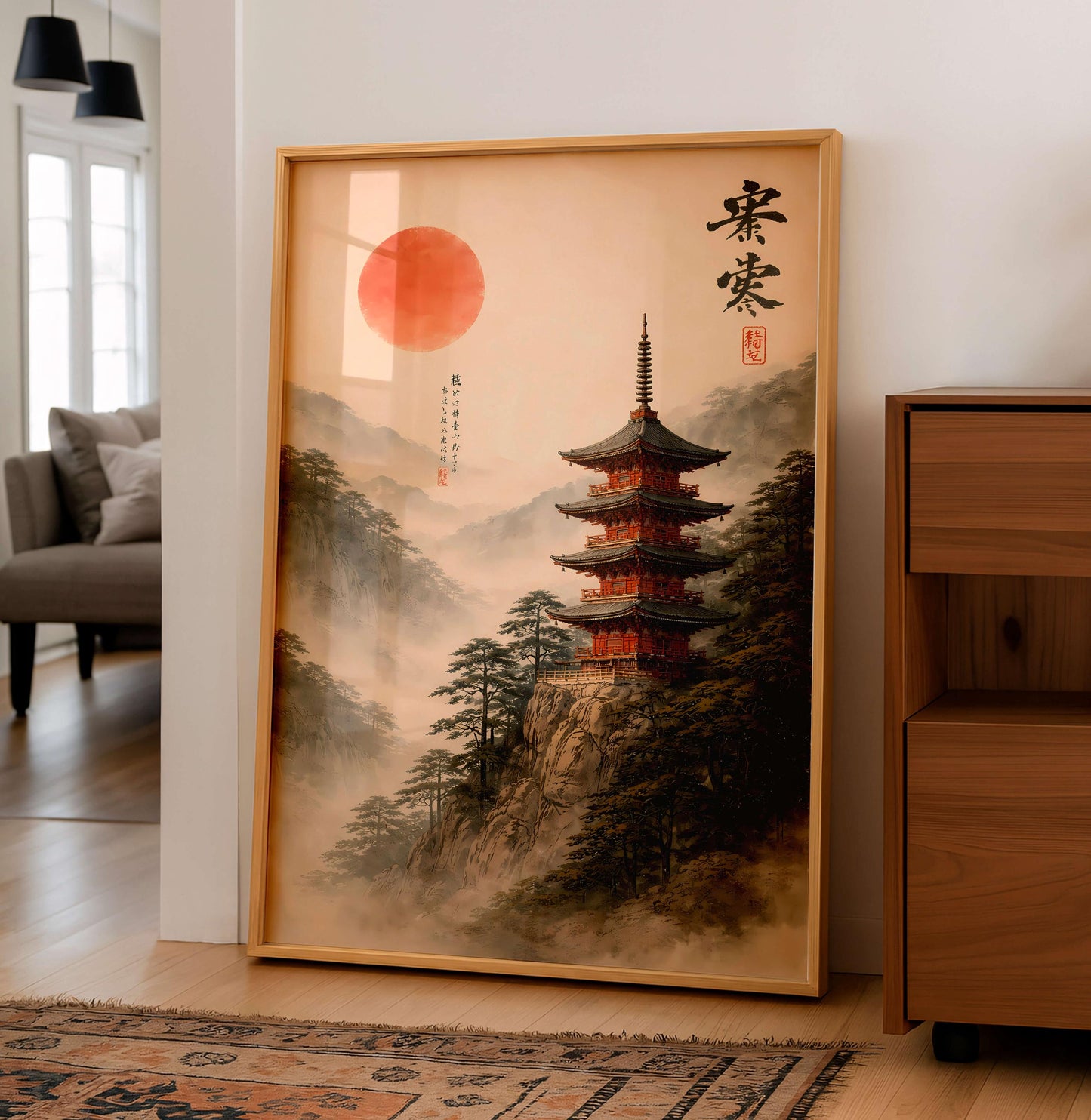 Japanese Pagoda Mountain Print, Zen Asian Landscape Art