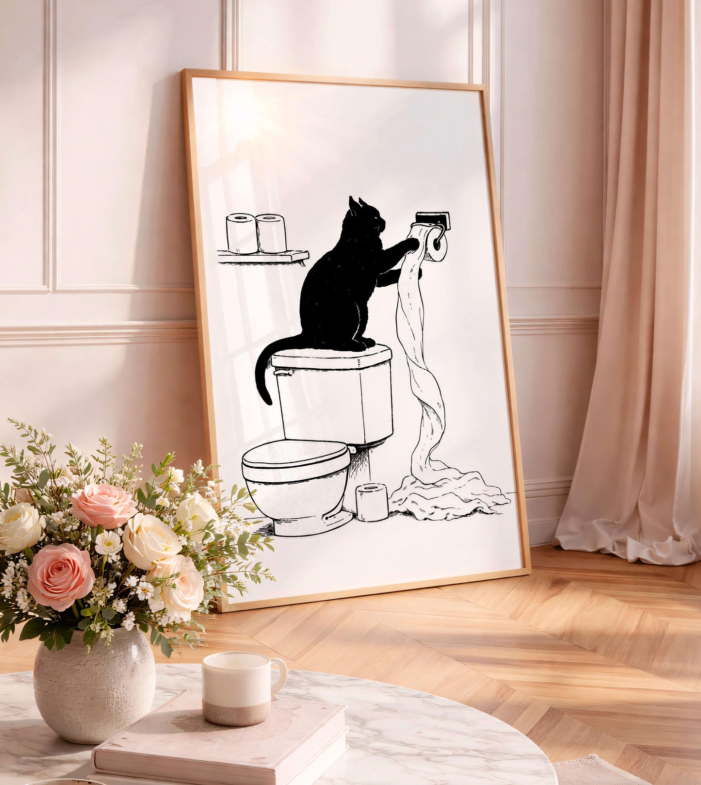 Funny Cat Bathroom Illustration Minimal Toilet Wall Art