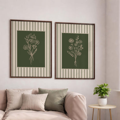 Sage Green Floral Line Art Prints, Botanical Gallery Wall Set