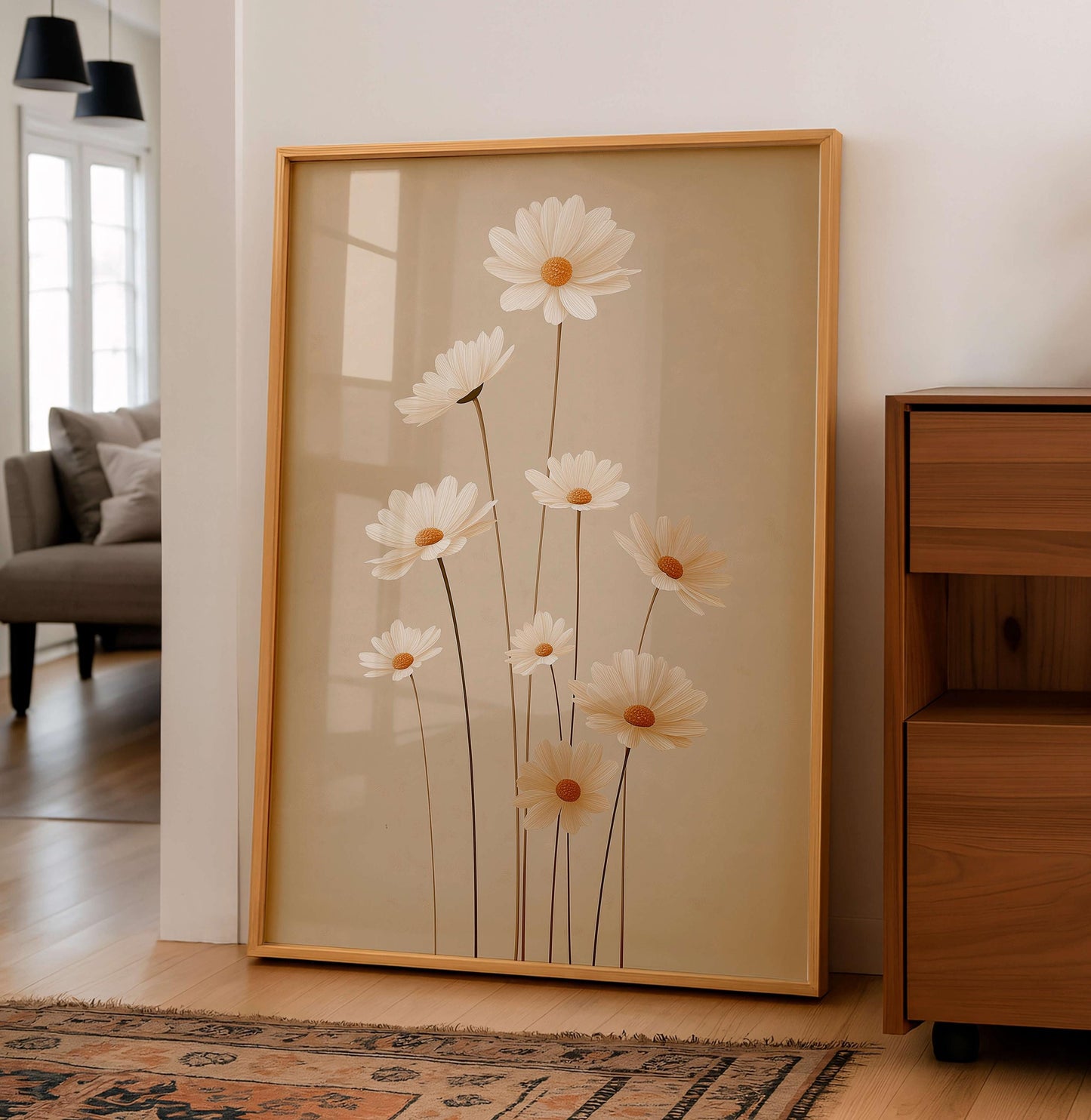 Soft Botanical Daisy Print, Neutral Floral Illustration, Light Minimal