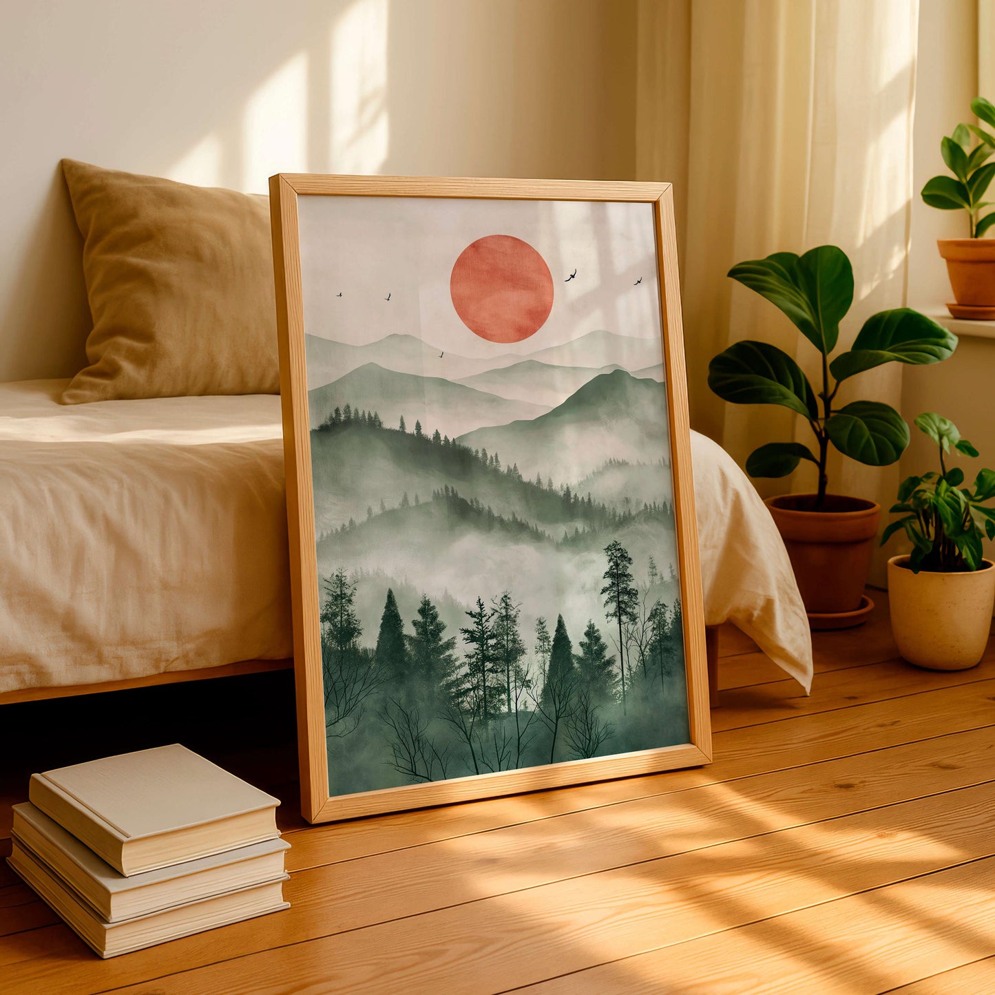Japanese Zen Landscape Poster, Misty Mountain Illustration, Minimal Nature Artwork