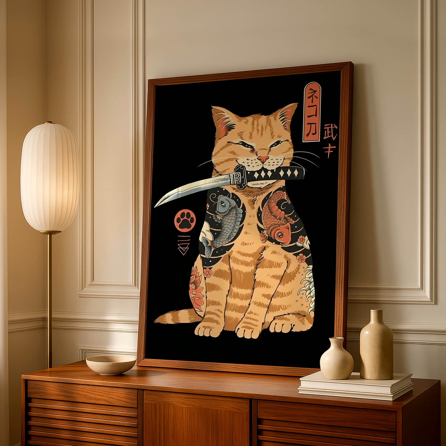 Samurai Cat Art Print, Japanese Tattoo Style, Ukiyo-e Warrior, Home Decor