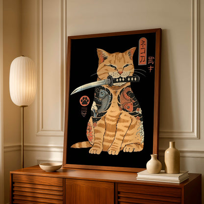 Samurai Cat Art Print, Japanese Tattoo Style, Ukiyo-e Warrior, Home Decor
