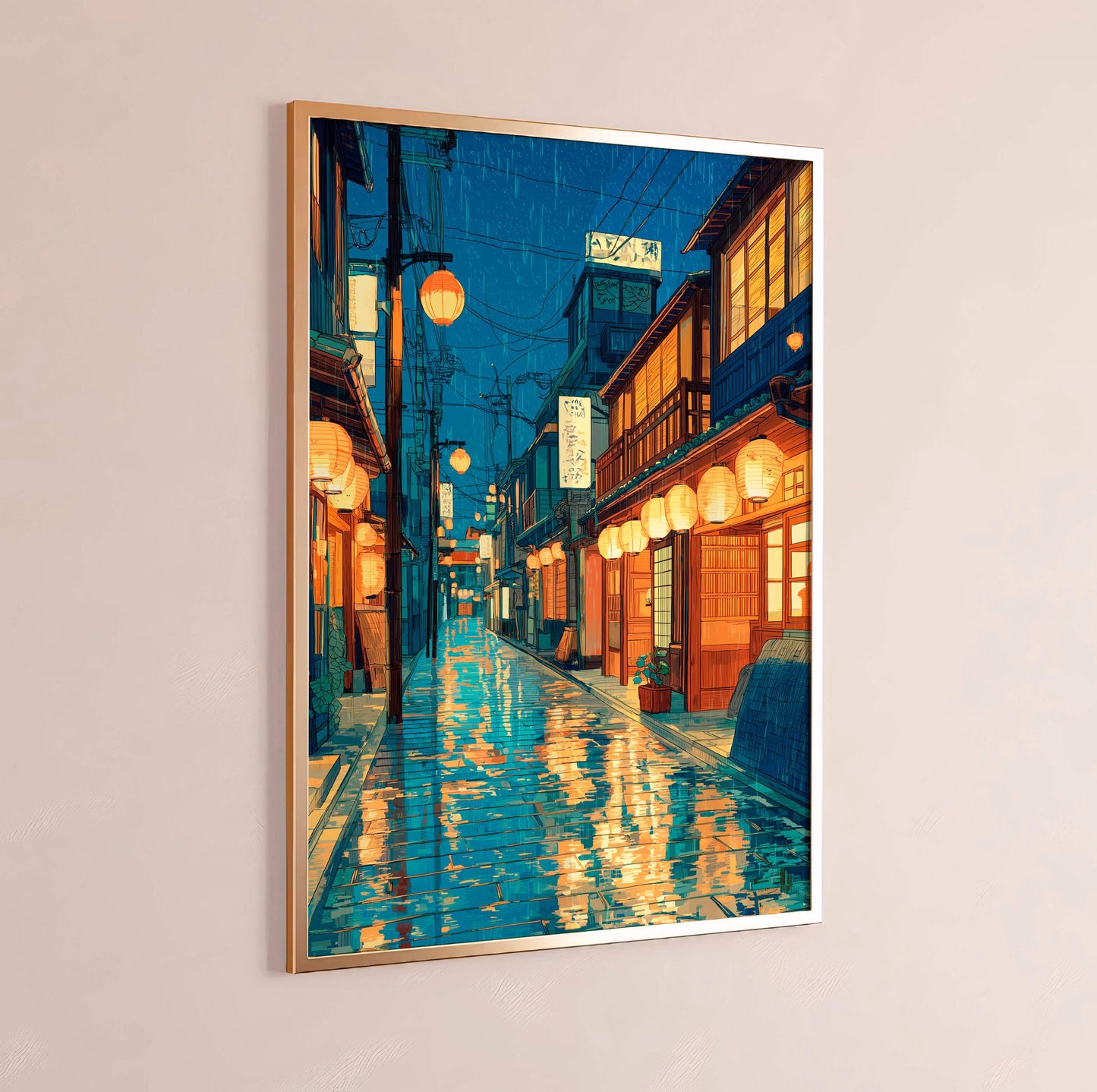 Rainy Kyoto Alley Print, Japanese Lantern Street Art