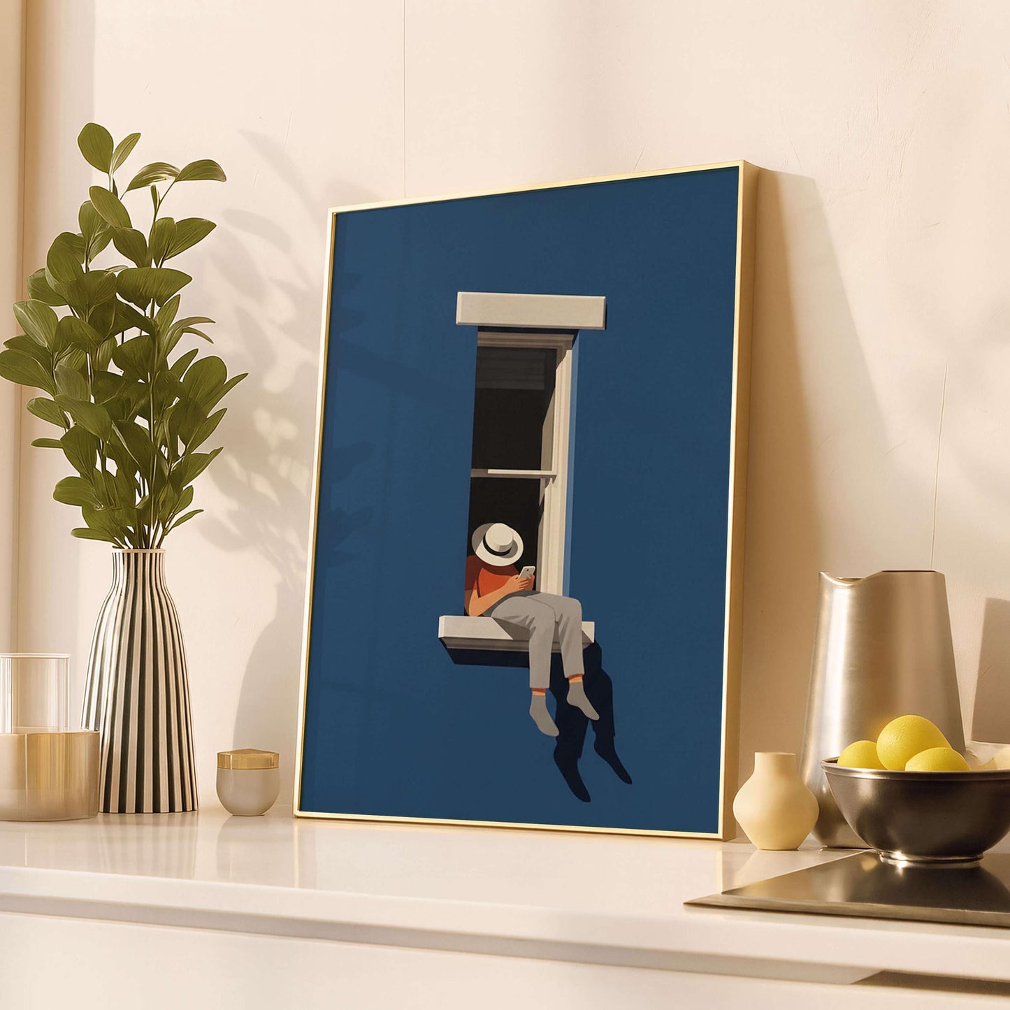 Poster Minimal Blue Wall Art, Modern Window Illustration For Home Office