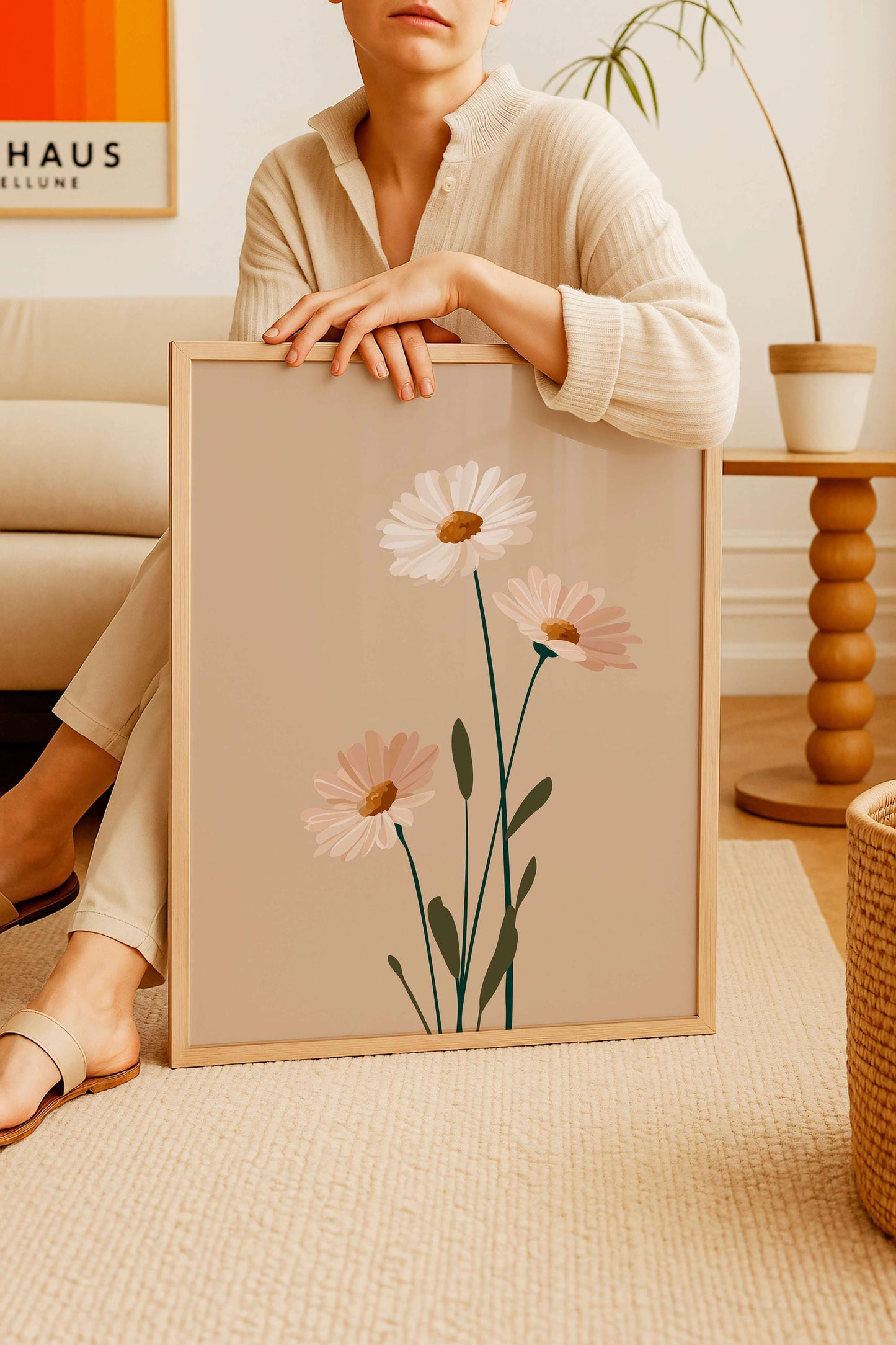 Minimal Botanical Flower Print, Soft Neutral Daisy Illustration, Calm Modern Decor For Light Interiors