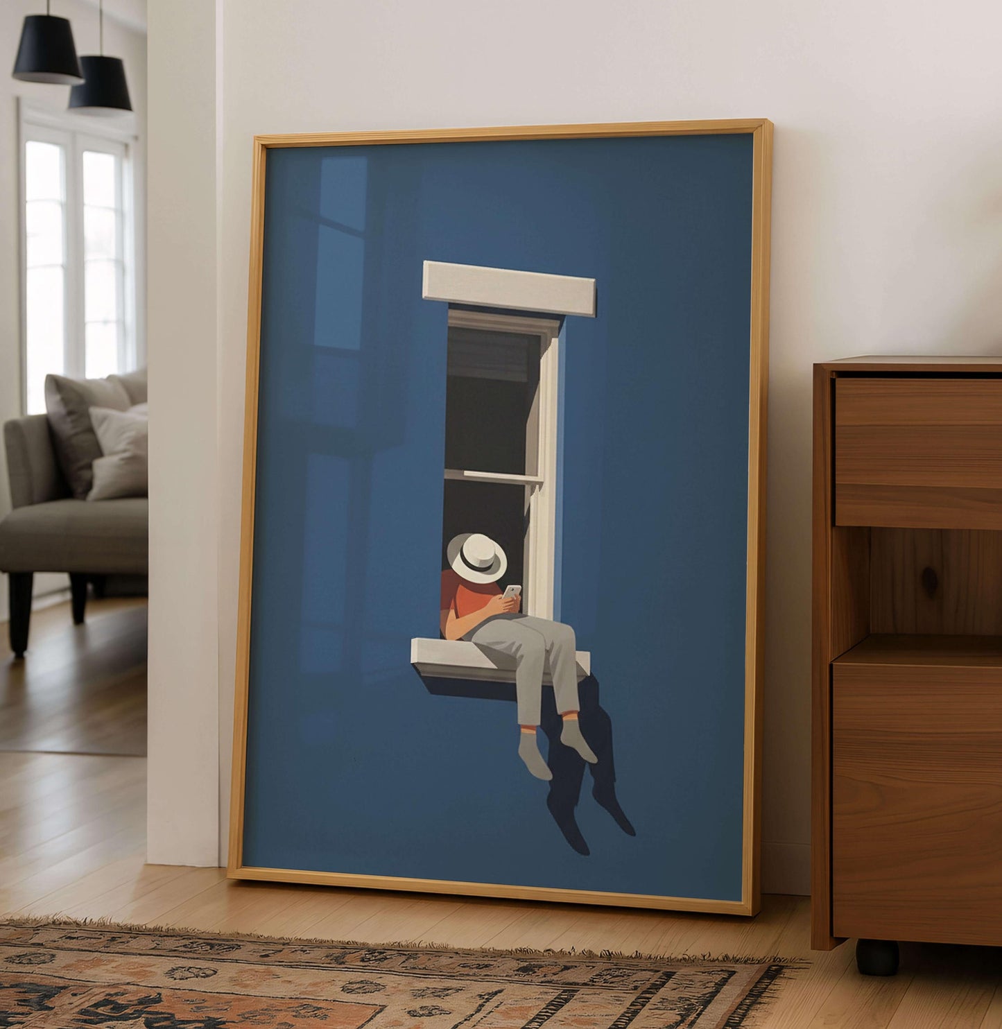 Poster Minimal Blue Wall Art, Modern Window Illustration For Home Office