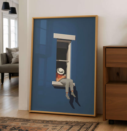 Poster Minimal Blue Wall Art, Modern Window Illustration For Home Office