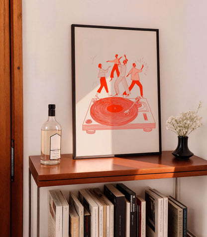 Modern Music Illustration Print, Dancing Figures On Turntable, Vinyl Culture Artwork