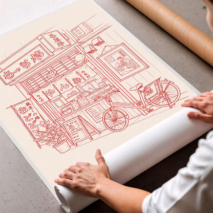 Vintage Ramen Shop Line Art Poster, Japanese Street Food Print
