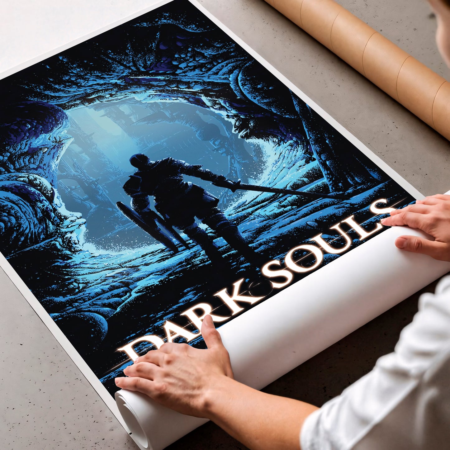 Dark Fantasy Cave Poster, Medieval Knight Wall Art, Blue Aesthetic Print