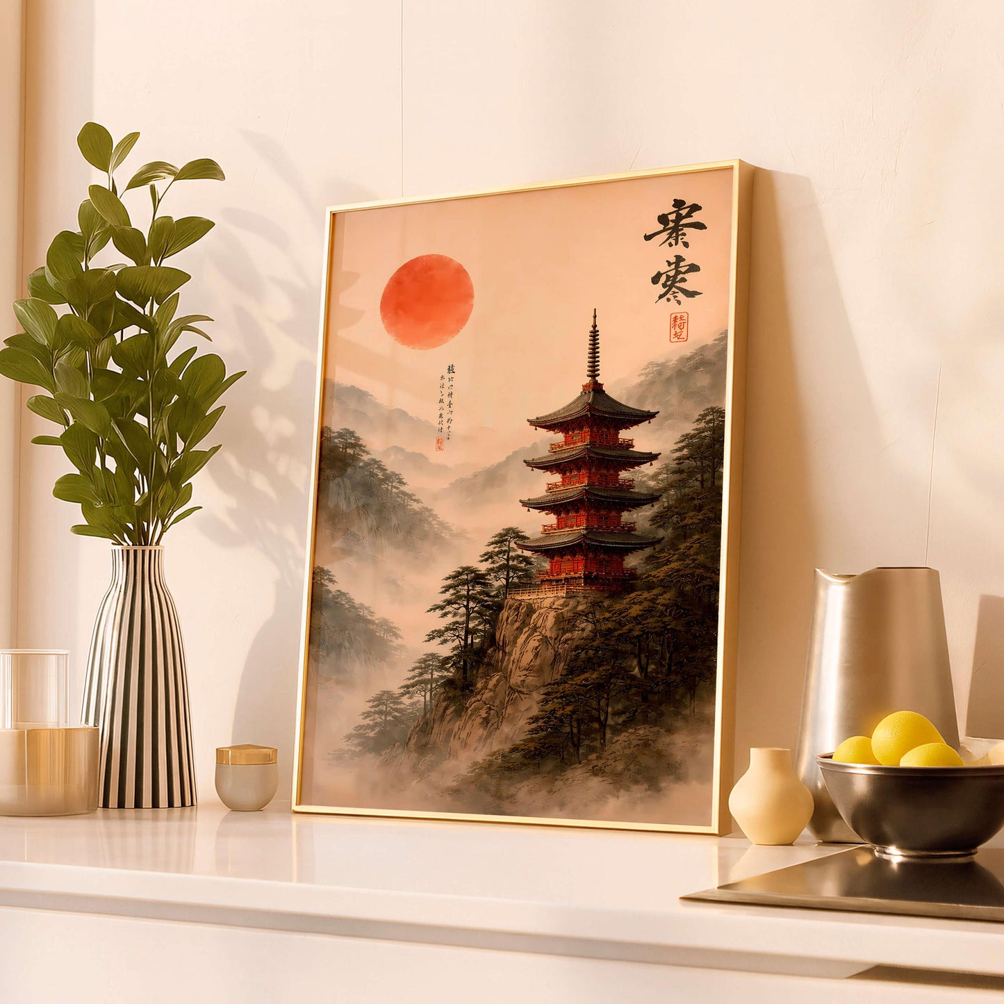 Japanese Pagoda Mountain Print, Zen Asian Landscape Art