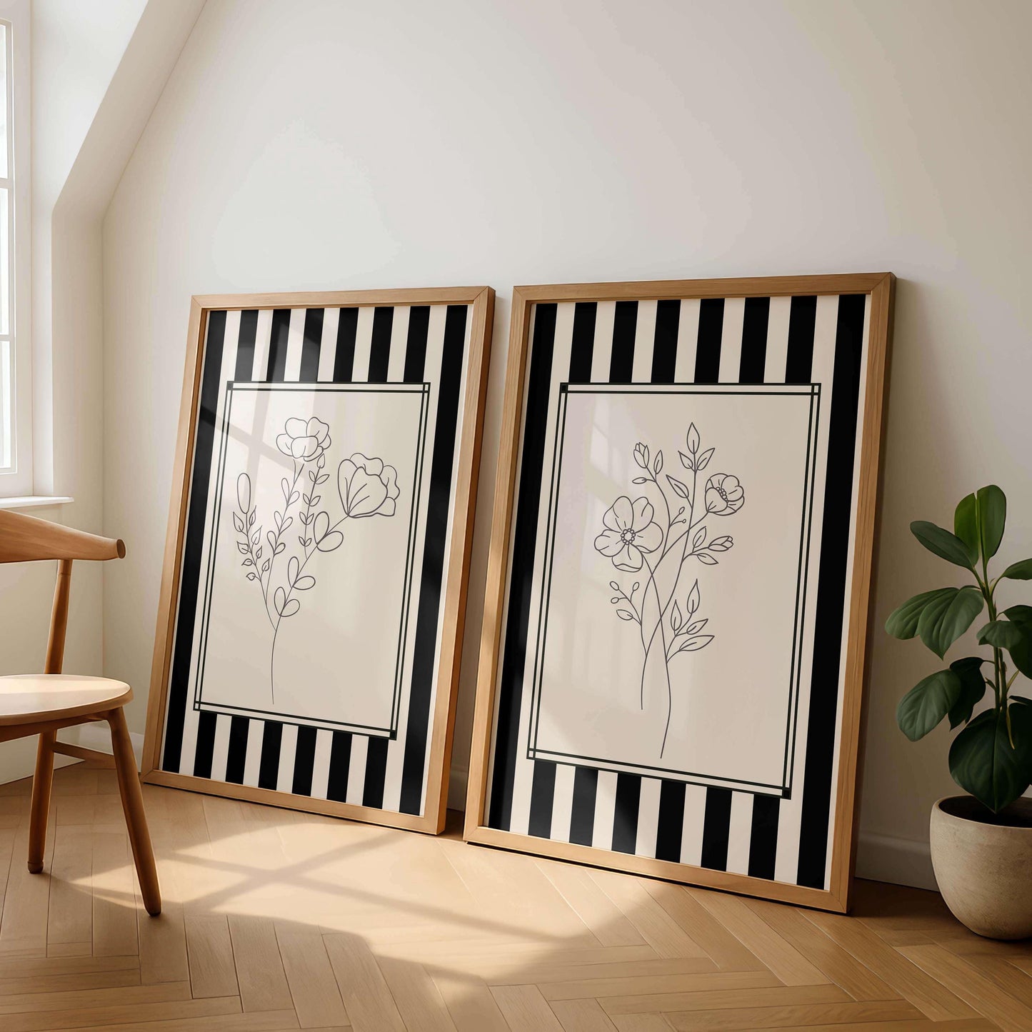 Black And White Floral Line Art, Set Of 2 S, Modern Minimalist Decor