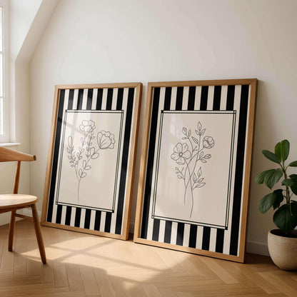 Black And White Floral Line Art, Set Of 2 S, Modern Minimalist Decor