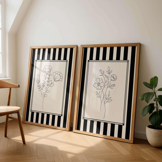 Black And White Floral Line Art, Set Of 2 S, Modern Minimalist Decor