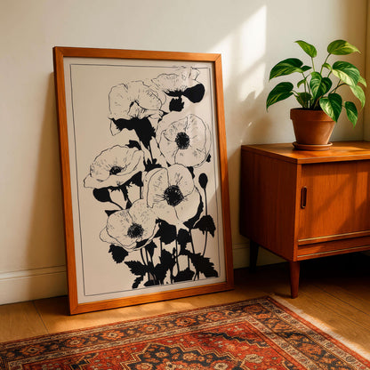 Minimalist Botanical Wall Art, Black Floral Line Art Print, Neutral Flower Poster