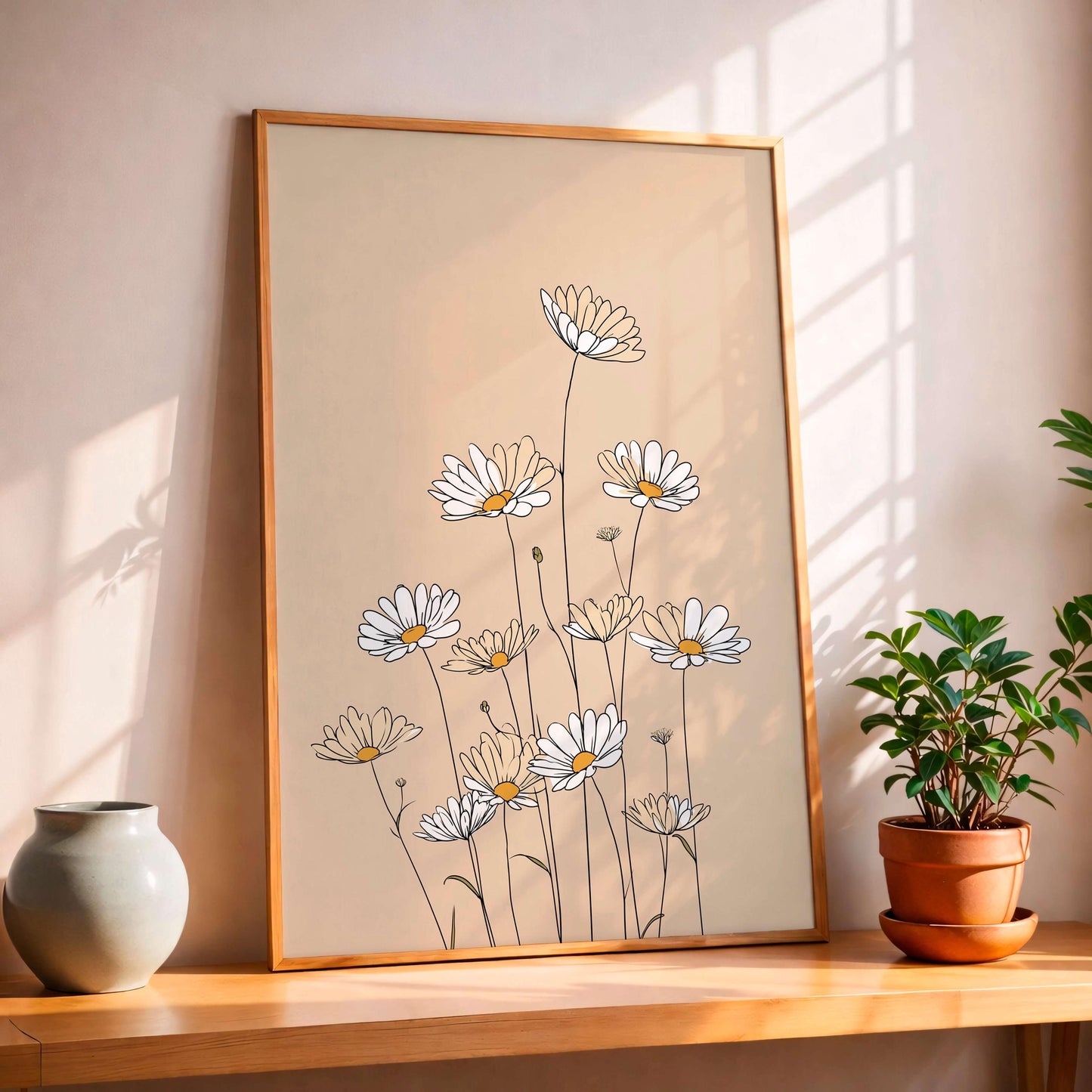 Minimal Daisy Line Illustration, Soft Neutral Floral Artwork,  Decor For Light Spaces