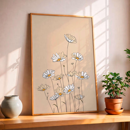 Minimal Daisy Line Illustration, Soft Neutral Floral Artwork,  Decor For Light Spaces