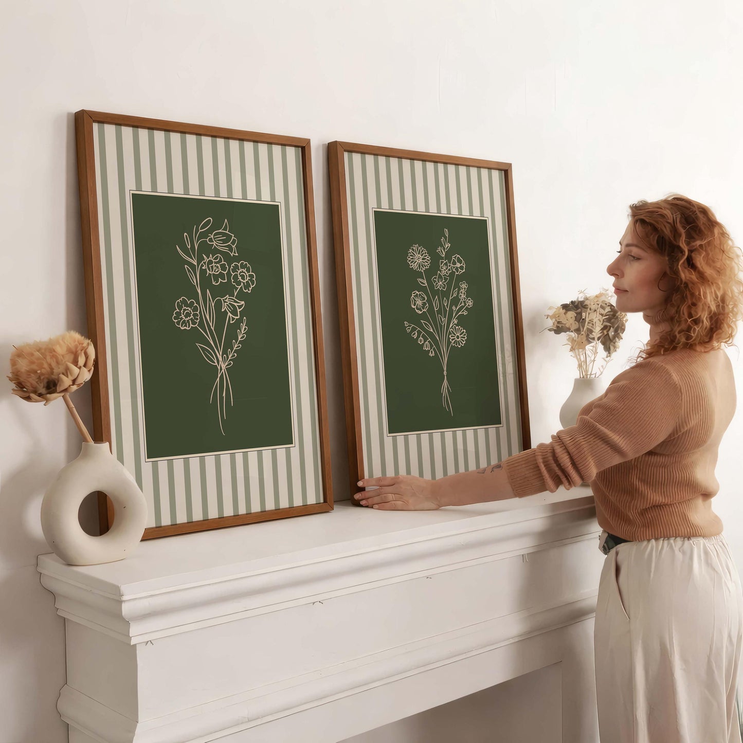 Sage Green Floral Line Art Prints, Botanical Gallery Wall Set