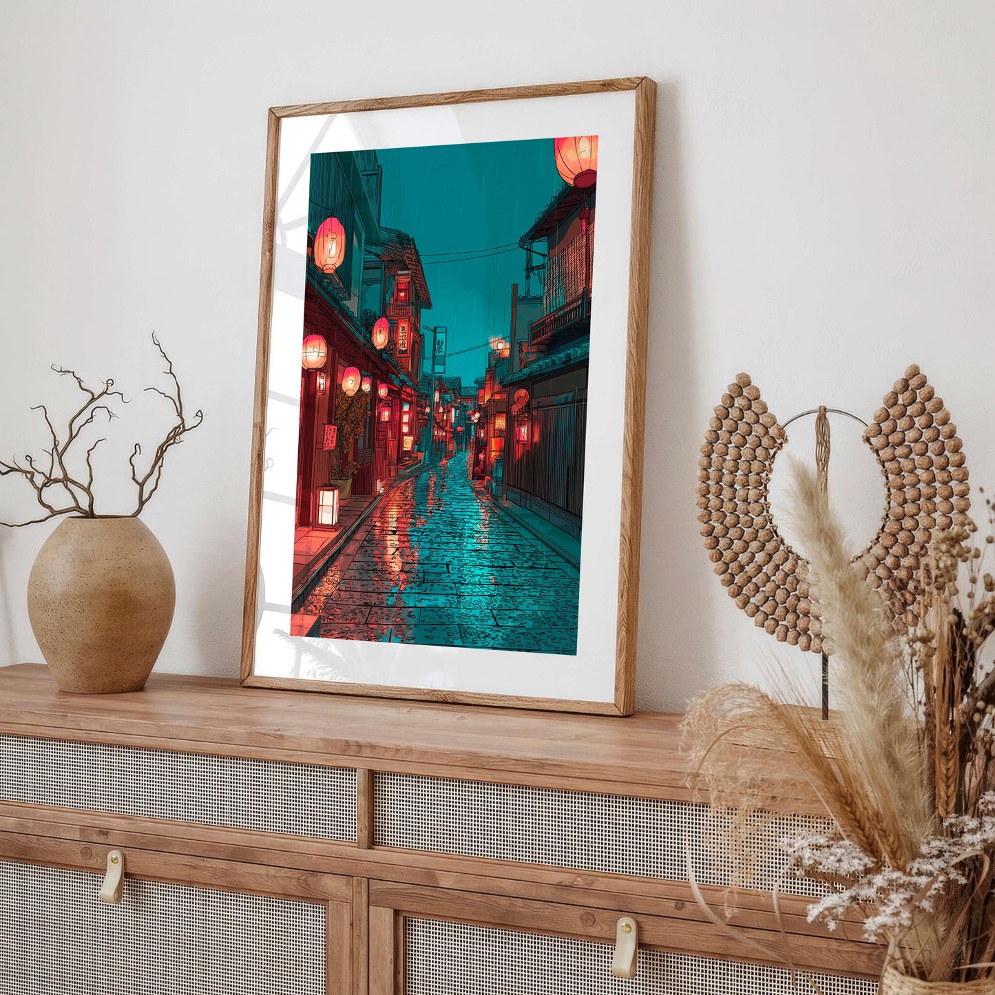 Japanese Night Street Poster, Rainy Tokyo Alley Wall Art