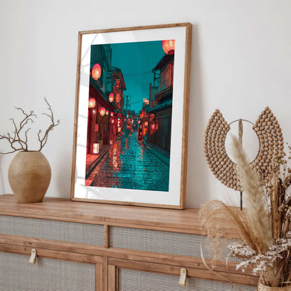 Japanese Night Street Poster, Rainy Tokyo Alley Wall Art