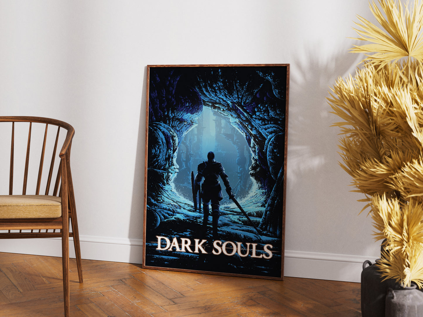 Dark Fantasy Cave Poster, Medieval Knight Wall Art, Blue Aesthetic Print