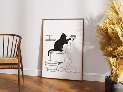 Funny Cat Bathroom Illustration Minimal Toilet Wall Art