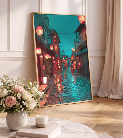 Japanese Night Street Poster, Rainy Tokyo Alley Wall Art