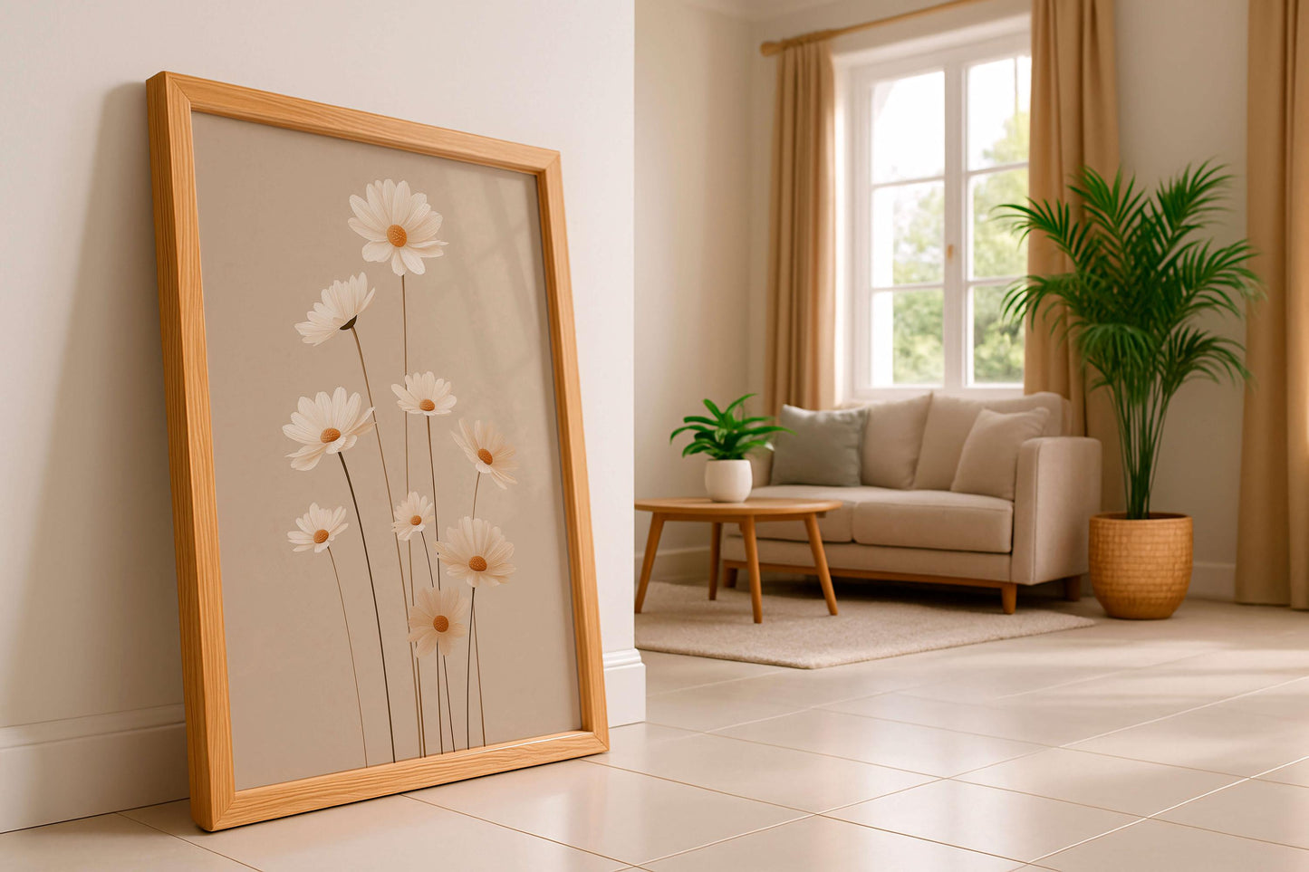 Soft Botanical Daisy Print, Neutral Floral Illustration, Light Minimal