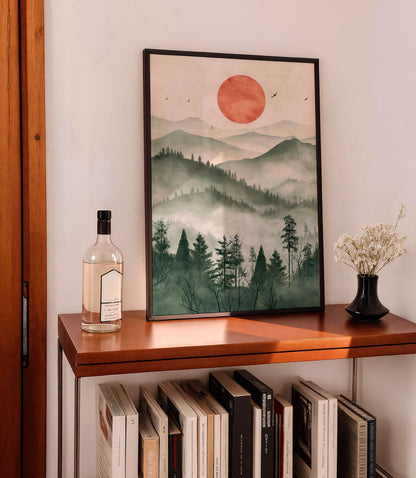 Japanese Zen Landscape Poster, Misty Mountain Illustration, Minimal Nature Artwork