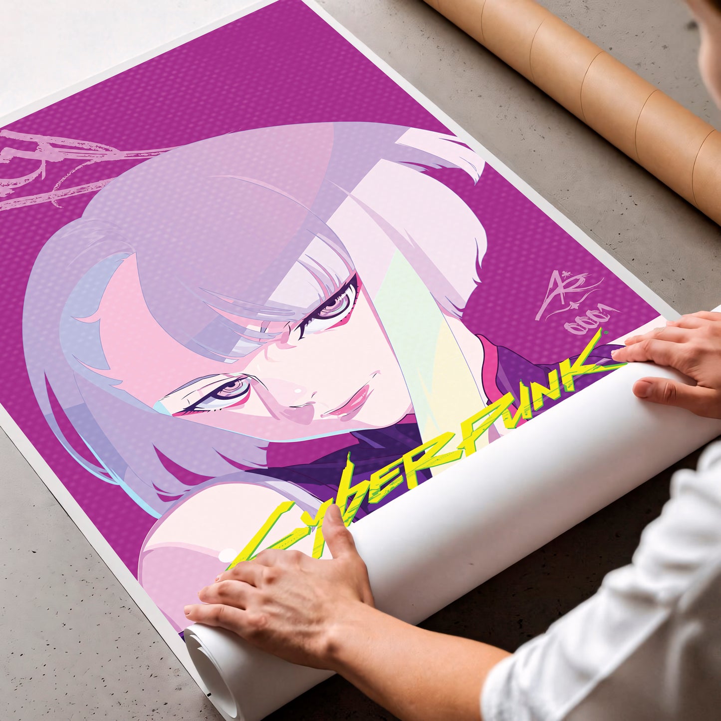 Cyberpunk Anime Girl Poster, Pink Aesthetic Wall Art, Futuristic Neon Print