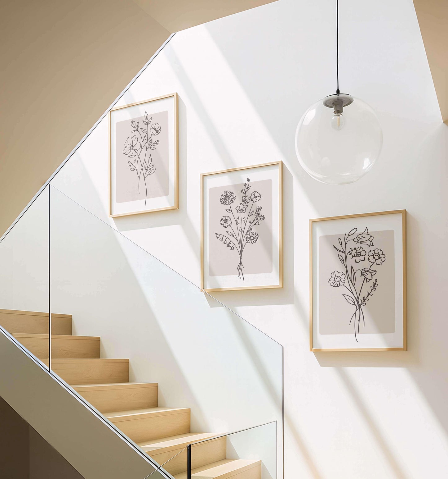 Minimalist Floral Line Art Print, Beige Boho Wall Art, Neutral Living Room Decor