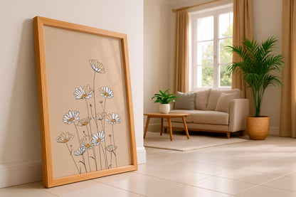 Minimal Daisy Line Illustration, Soft Neutral Floral Artwork,  Decor For Light Spaces