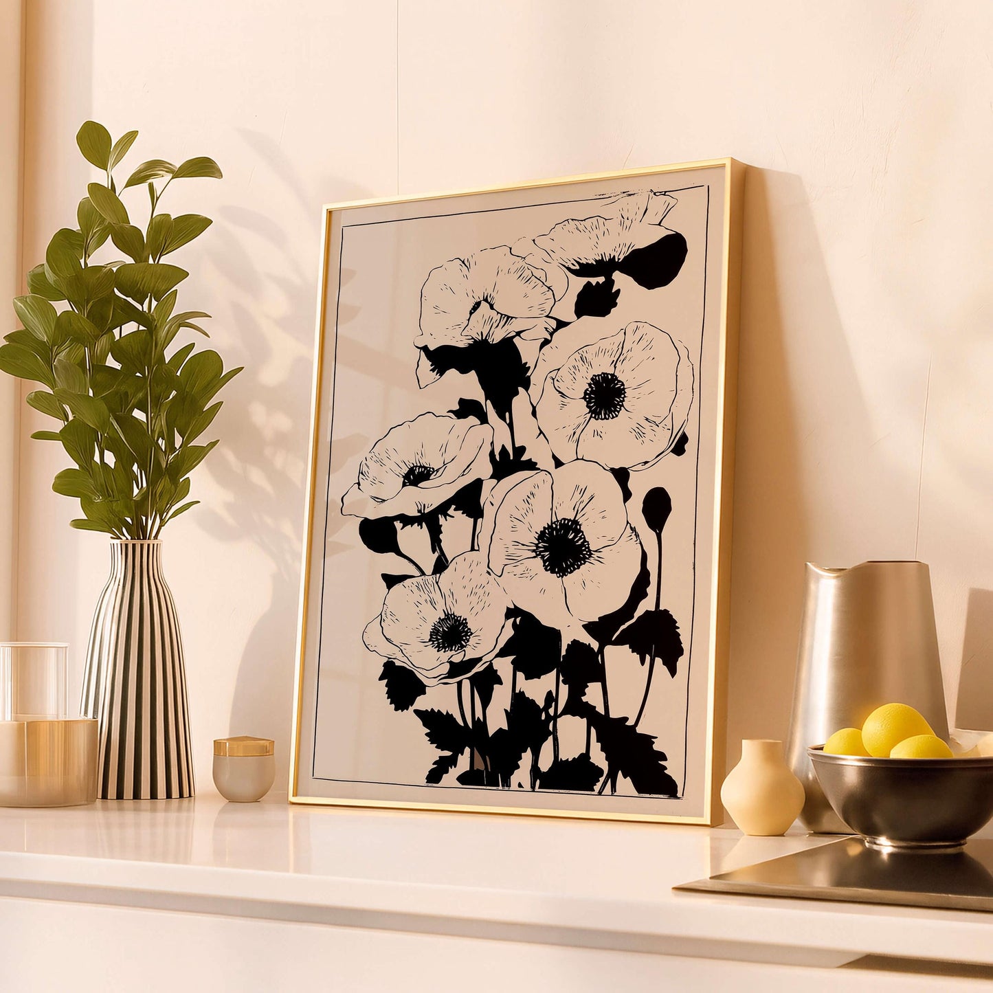 Minimalist Botanical Wall Art, Black Floral Line Art Print, Neutral Flower Poster