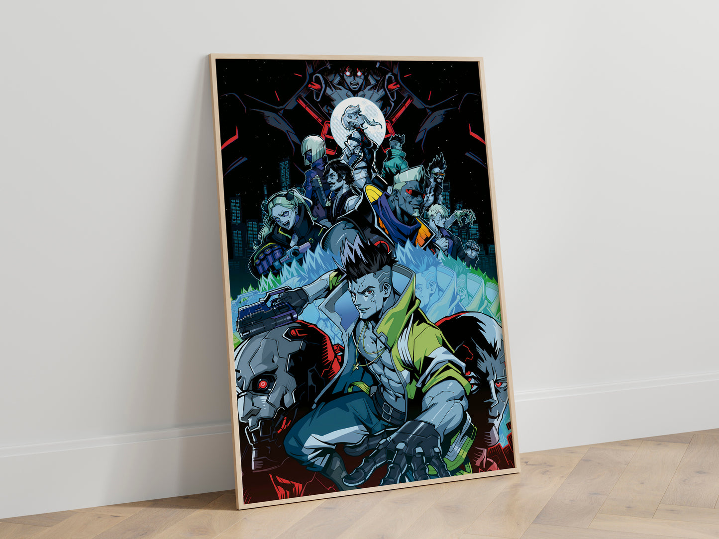 Cyberpunk Anime Squad Poster, Dark Neon City Wall Art, Futuristic Sci Fi Print