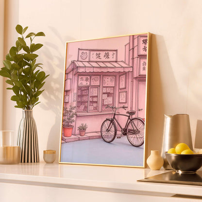 Tokyo Shop Bicycle Art Print, Japanese Street Illustration