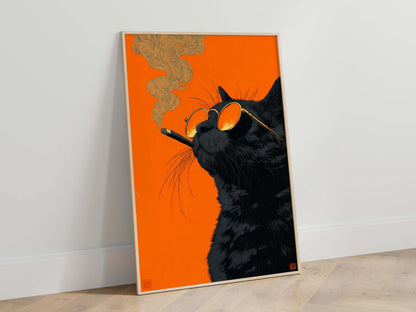 Black Cat Smoking a Cigarette Vintage Poster Art Retro Whimsical Print Funny Animal Wall Decor