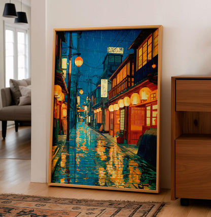 Rainy Kyoto Alley Print, Japanese Lantern Street Art