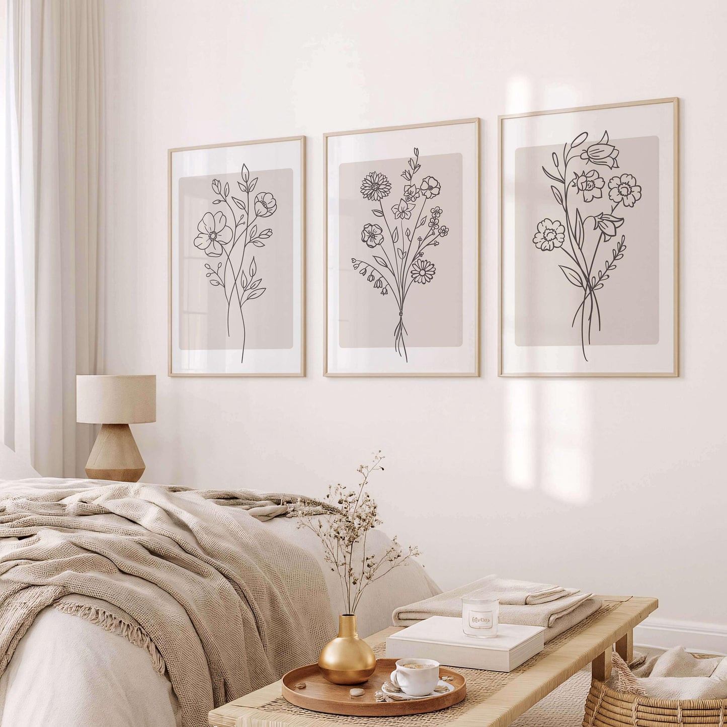 Minimalist Floral Line Art Print, Beige Boho Wall Art, Neutral Living Room Decor