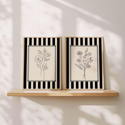 Floral Line Art Prints, Modern Gallery Wall Set 2, Black And White Floral Line Art