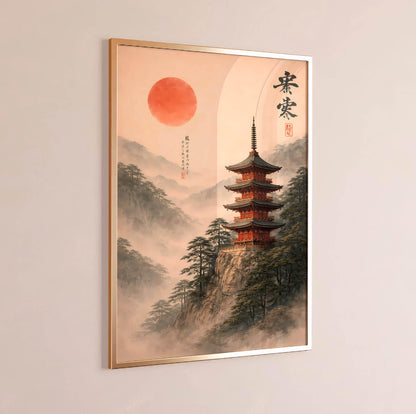 Japanese Pagoda Mountain Print, Zen Asian Landscape Art