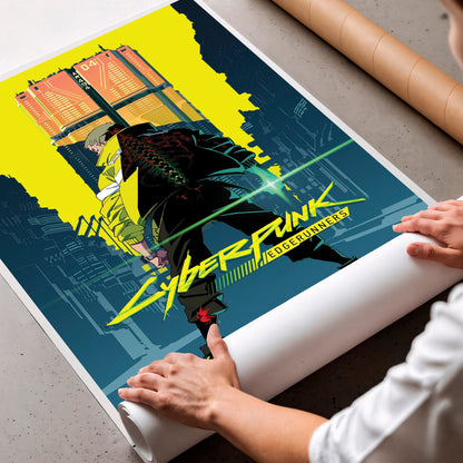 Cyberpunk City Poster, Futuristic Urban Wall Art, Neon Yellow Aesthetic Print