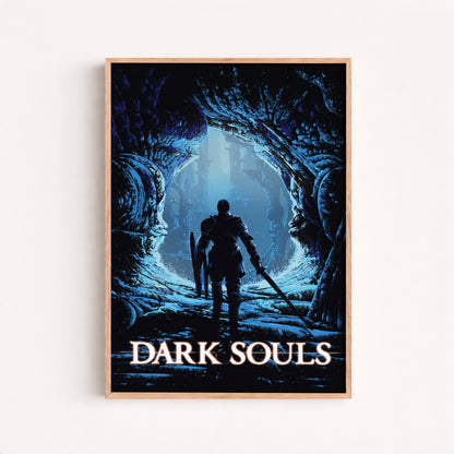 Dark Fantasy Cave Poster, Medieval Knight Wall Art, Blue Aesthetic Print